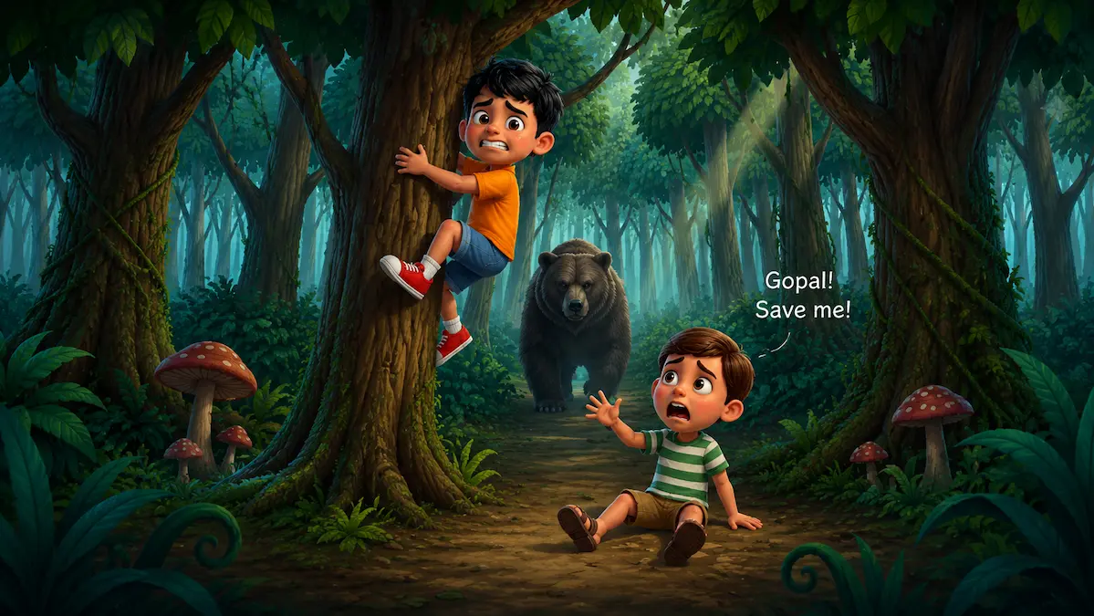 A cartoon boy in an orange shirt scrambles up a tree in fear, while his friend in a striped shirt falls to the ground screaming for help as a bear approaches.