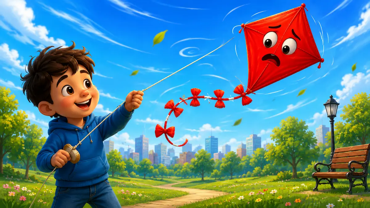 boy-flying-nervous-kite-park A young boy holds a frightened red kite in a windy park as leaves swirl through the air.