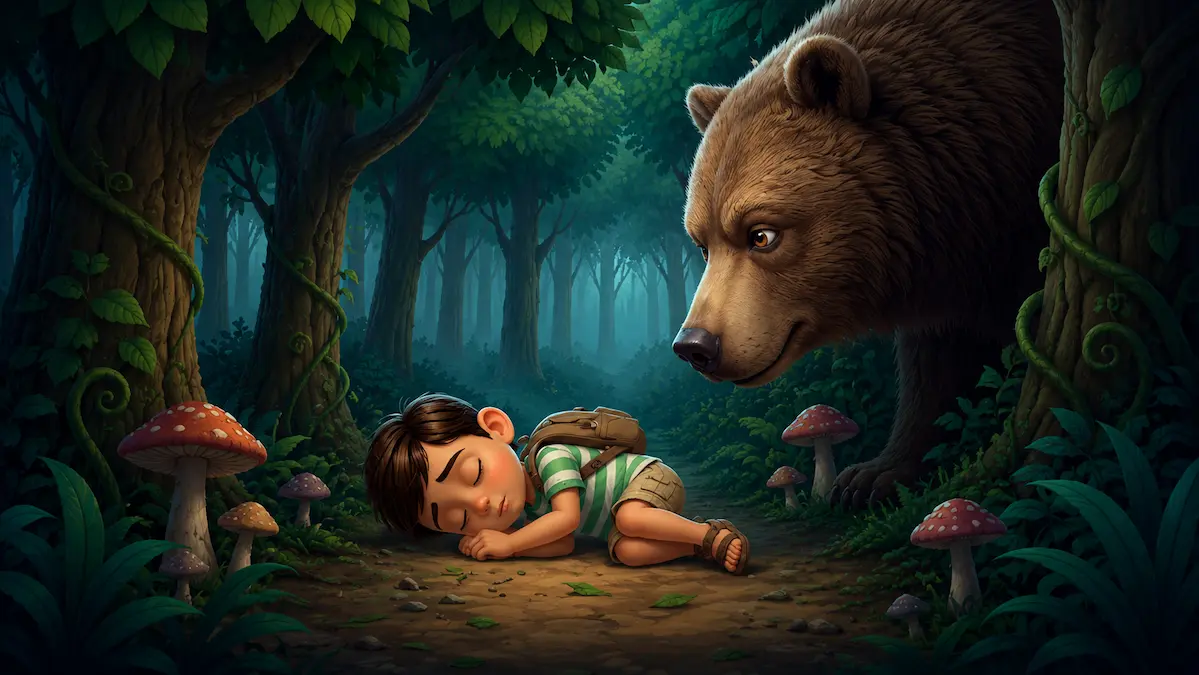 A young cartoon boy lies completely still on the forest floor pretending to be dead while a massive brown bear leans down to sniff him.