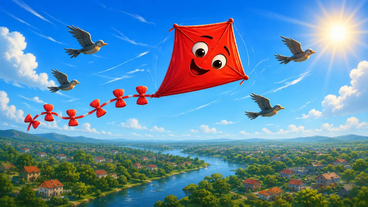 brave-kite-soaring-over-river A smiling red kite flies high above a river valley while birds glide nearby under the sunny sky.