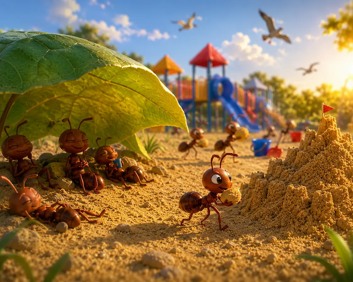 Pip the ant continues carrying sand while other ants rest under a large green leaf on a warm afternoon.