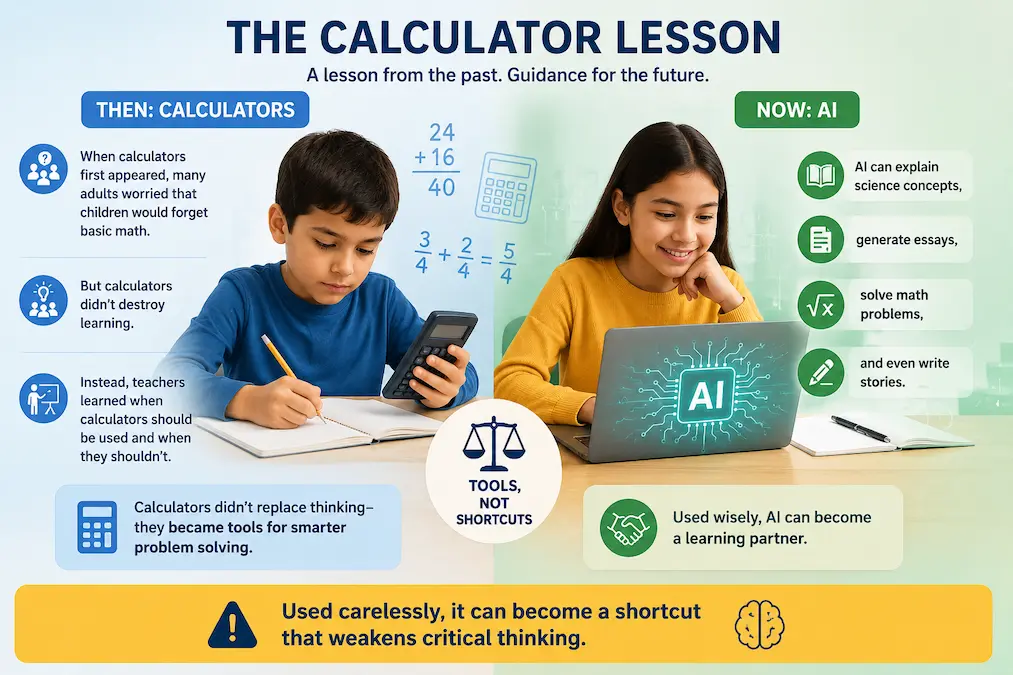 Child using a calculator and another child using AI for learning, comparing calculators and artificial intelligence as educational tools.