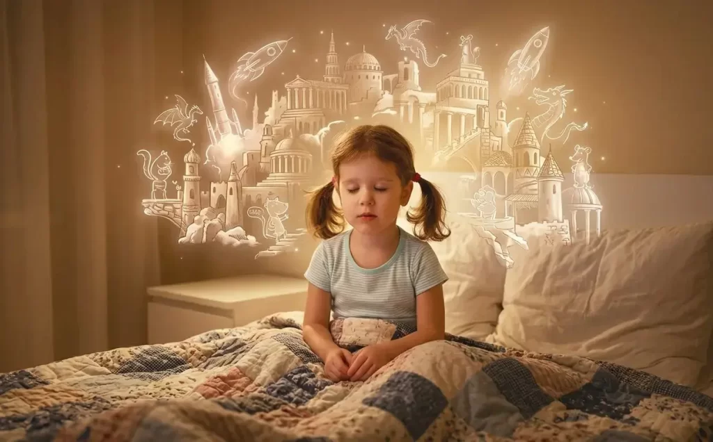 child-imagination-sparked-by-bedtime-stories Young girl sitting on her bed at bedtime while magical storybook worlds, castles, dragons, rockets, and fantasy illustrations glow behind her, representing imagination and creativity.