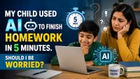 Child using AI on a laptop to complete homework while a concerned parent watches, illustrating the challenges of AI-assisted learning.