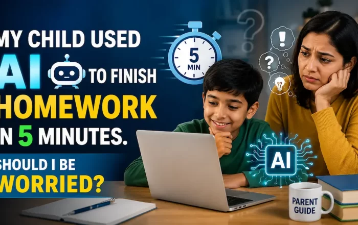 Child using AI on a laptop to complete homework while a concerned parent watches, illustrating the challenges of AI-assisted learning.