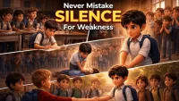 A comic-style multi-panel poster graphic featuring scenes from the story with large bold text reading 'Never Mistake SILENCE For Weakness'.