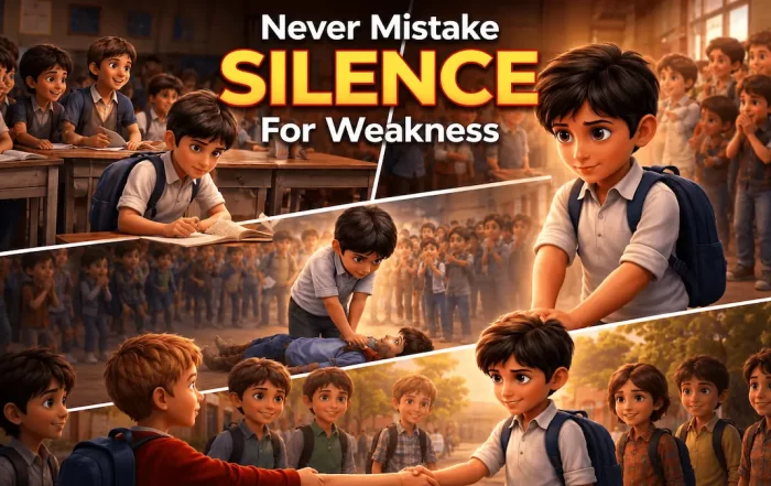 A comic-style multi-panel poster graphic featuring scenes from the story with large bold text reading 'Never Mistake SILENCE For Weakness'.