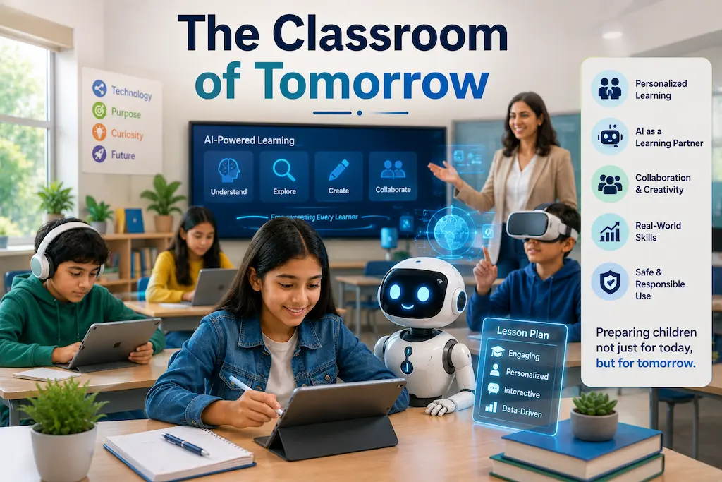 The Classroom of Tomorrow: AI and the Future of Education Future classroom with students learning through AI technology, smart devices, and teacher-guided personalized education.