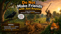 Wise crow saves a deer from a cunning fox in a forest friendship story.