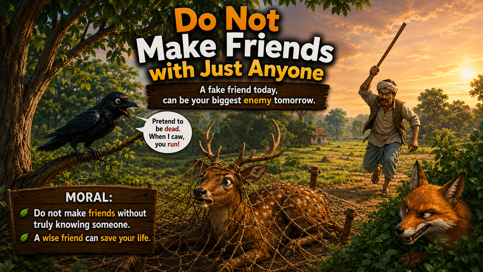 Wise crow saves a deer from a cunning fox in a forest friendship story.