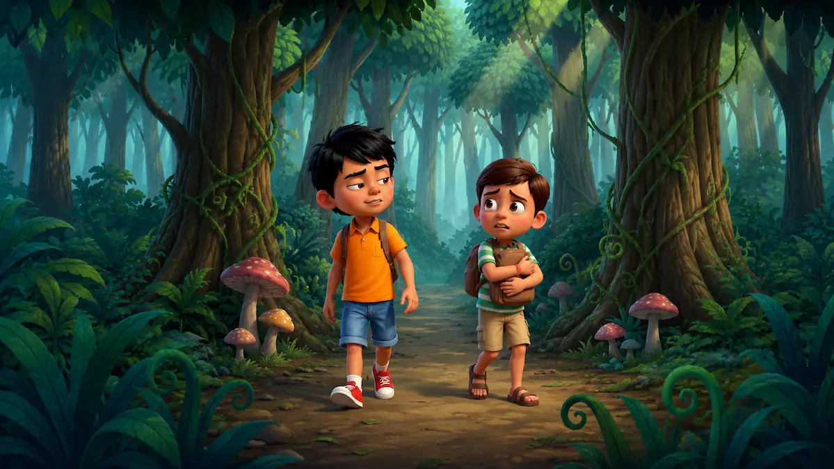 Two cartoon boys with backpacks walking along a dark, dense forest trail surrounded by tall trees and wild mushrooms.