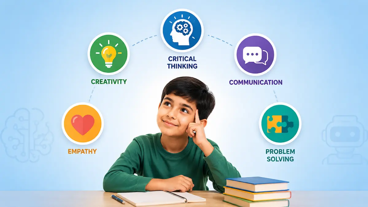 Thoughtful child surrounded by icons representing creativity, critical thinking, communication, empathy, and problem-solving skills.