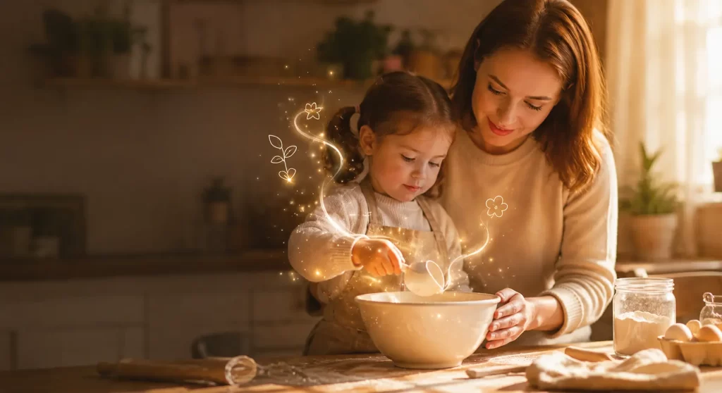 gentle-life-lessons-without-the-lecture Mother and daughter baking together in a warm kitchen while magical glowing illustrations swirl around them, symbolizing learning through everyday experiences and positive parenting.