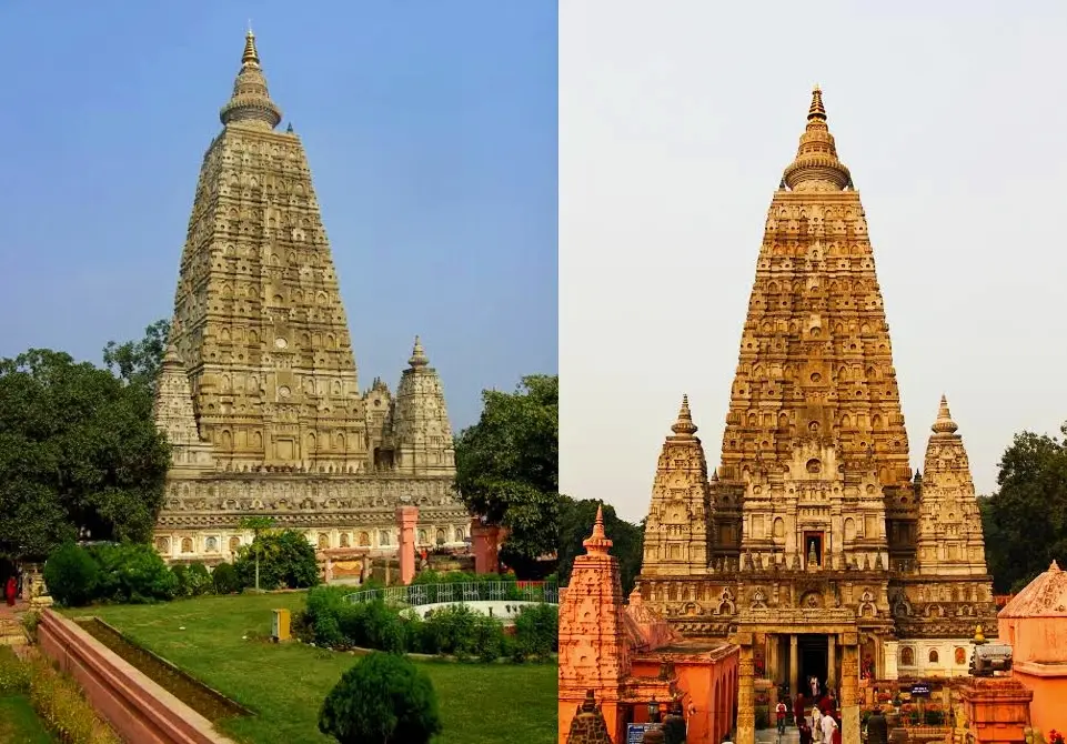 The grand stone spires of the ancient Mahabodhi Temple in Bodh Gaya under a clear sky, an inspirational historical site in India.