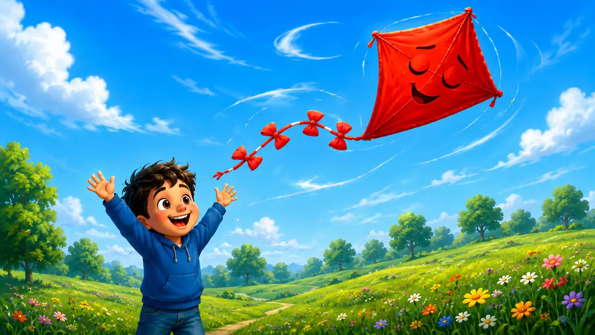 joyful-boy-flying-red-kite A happy boy watches a red kite rise into the blue sky above a flower-filled meadow.