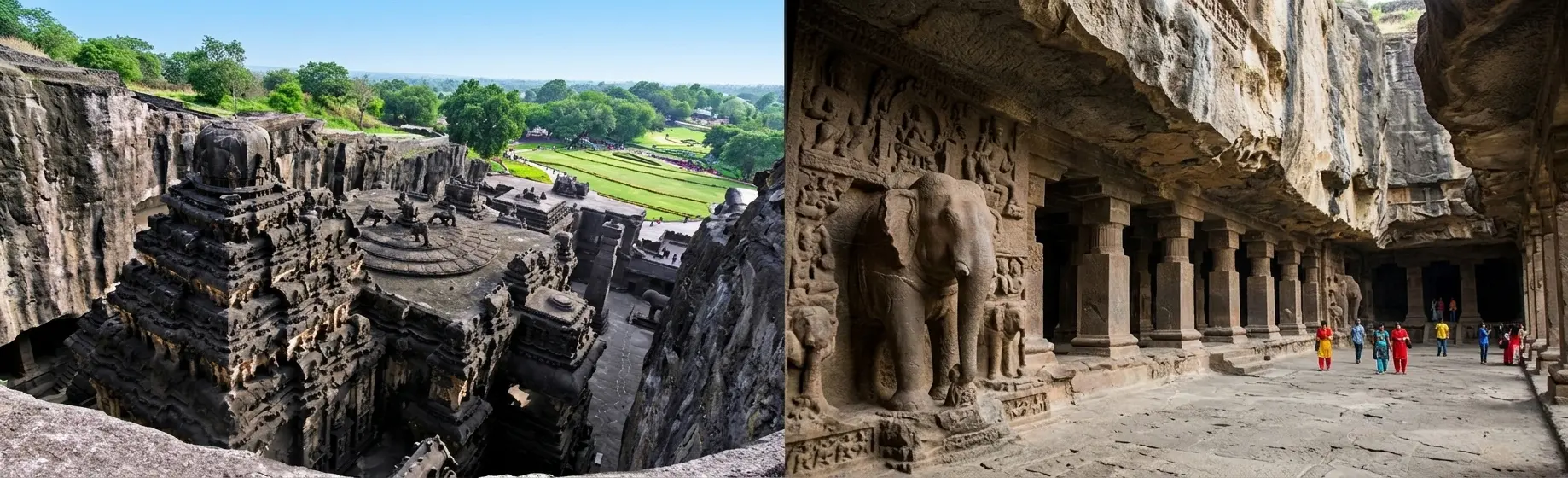 kailash-temple-ellora-caves-maharashtra Panoramic view of the monolithic Kailash Temple and stone elephant carvings inside the ancient rock-cut Ellora Caves in Maharashtra, India.