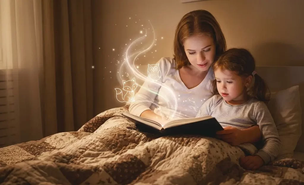 magic-of-bedtime-stories-sparks-lifelong-imagination Mother reading a bedtime story with her young daughter in a cozy bedroom while magical glowing illustrations emerge from an open book, inspiring imagination and creativity.