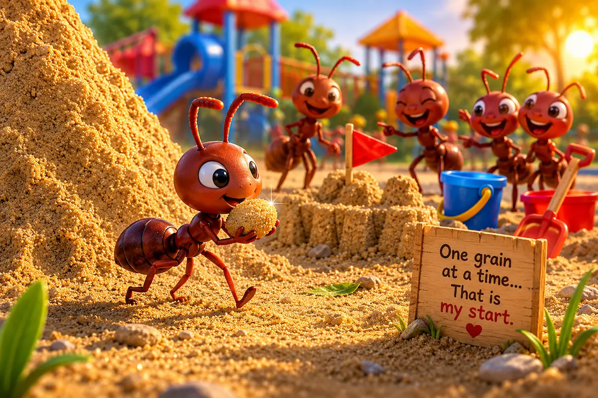 Little ant Pip carrying a single grain of sand toward a sandcastle while other ants play nearby.