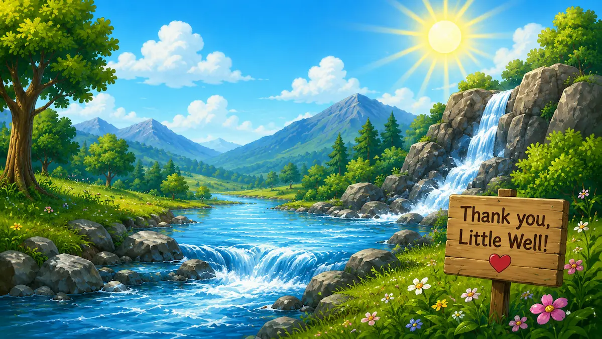 A beautiful river flowing through a mountain valley with waterfalls, sunshine, and a wooden sign thanking the Little Well for helping keep the river alive.