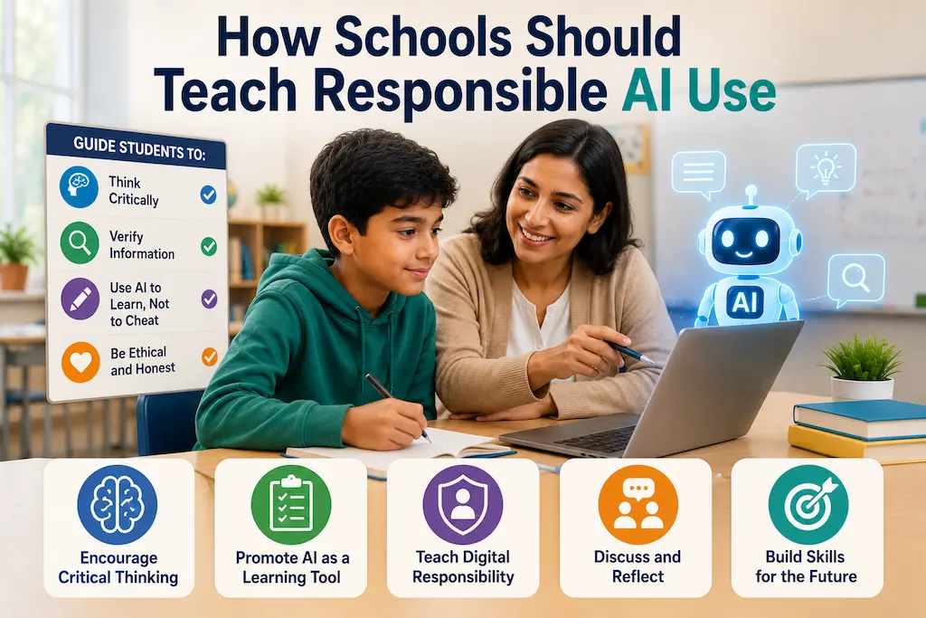 Teaching Responsible AI Use in Schools Teacher guiding a student in using AI responsibly for learning while encouraging critical thinking and digital responsibility.