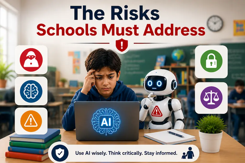 The Risks of AI in Schools Every Parent Should Know Student using AI on a laptop while symbols represent cheating, misinformation, privacy concerns, and overdependence on technology.