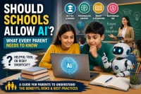 Teacher and students using AI technology in a modern classroom while learning responsibly with artificial intelligence.