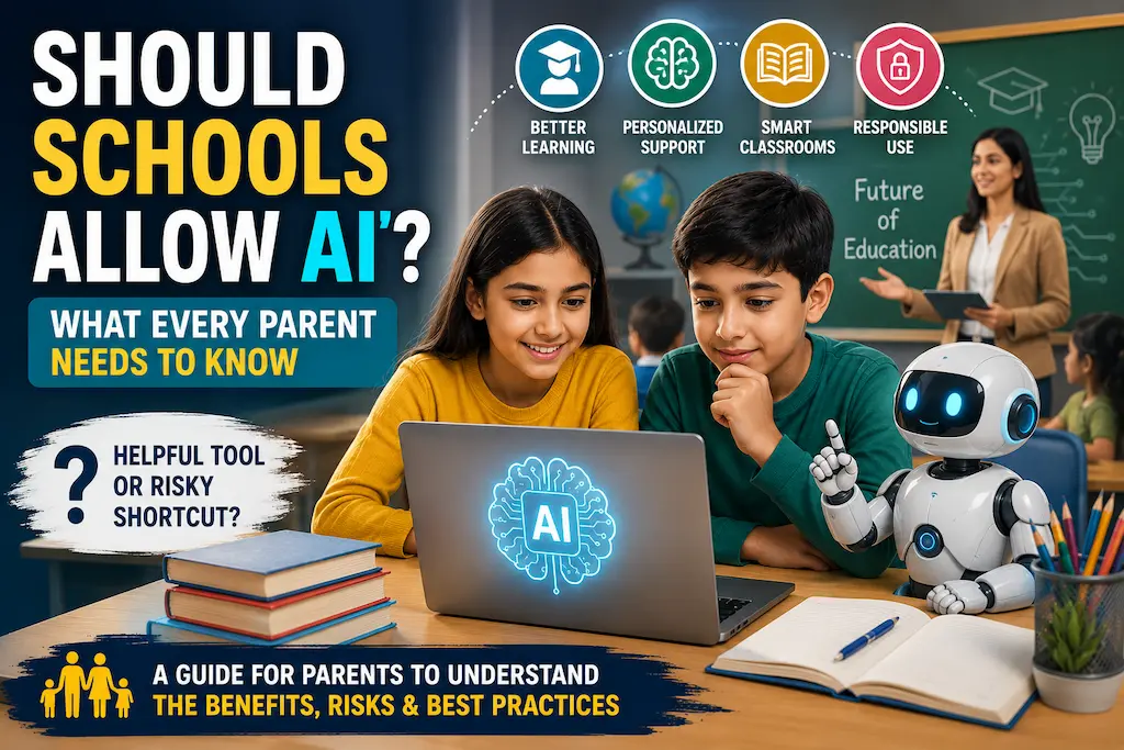 Teacher and students using AI technology in a modern classroom while learning responsibly with artificial intelligence.