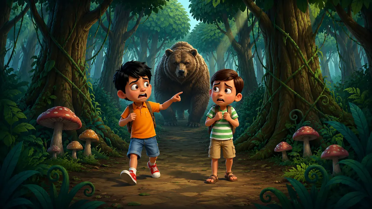 A large, wild brown bear appears on a forest path behind two terrified cartoon boys who are pointing and reacting in fear.