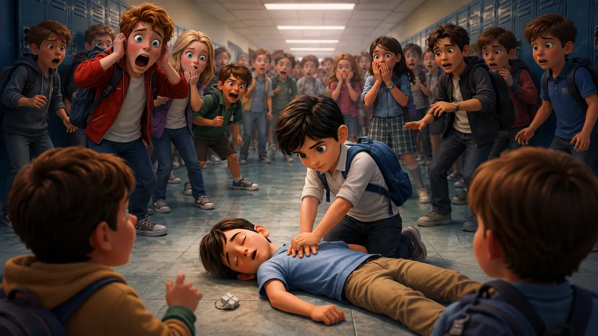 3d-animation-student-performing-cpr-first-aid The quiet boy, Aryan, remains calm under pressure and places his hands on the fainted student's chest to begin administering CPR in front of a panicked crowd.
