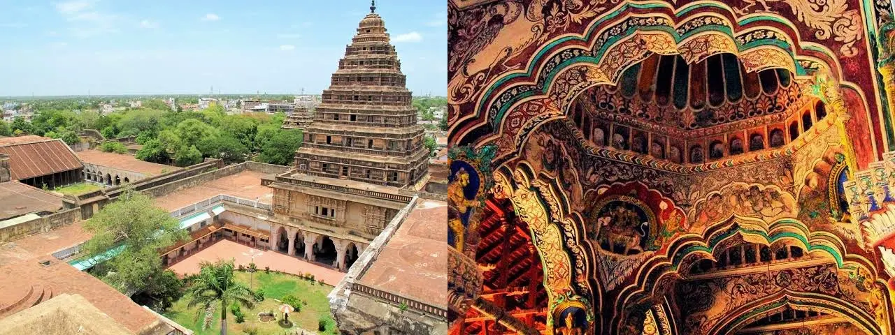 Panoramic view of Thanjavur Maratha Palace courtyard and the colorful, intricate fresco painted ceiling of the Durbar Hall in Tamil Nadu, India.
