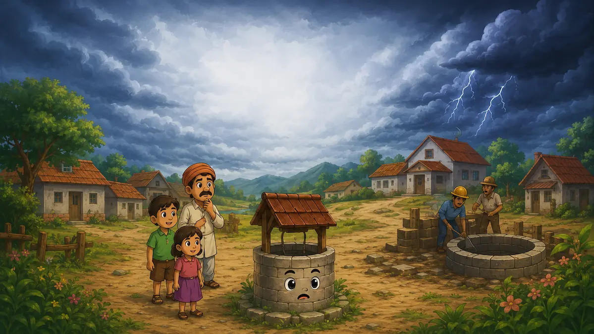 A worried little stone well stands in a village as dark monsoon clouds gather overhead, while villagers and workers prepare for an approaching storm.