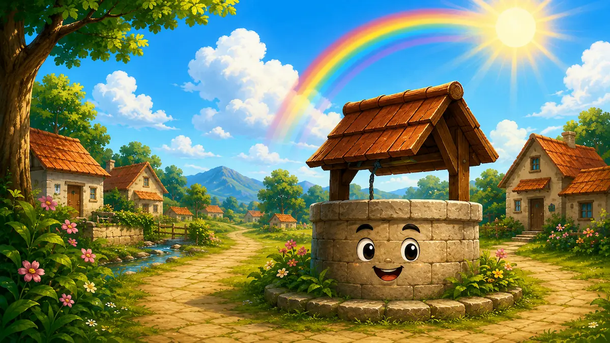 A happy little stone well smiles in a sunny village beneath a colorful rainbow, surrounded by flowers, trees, and peaceful countryside scenery.