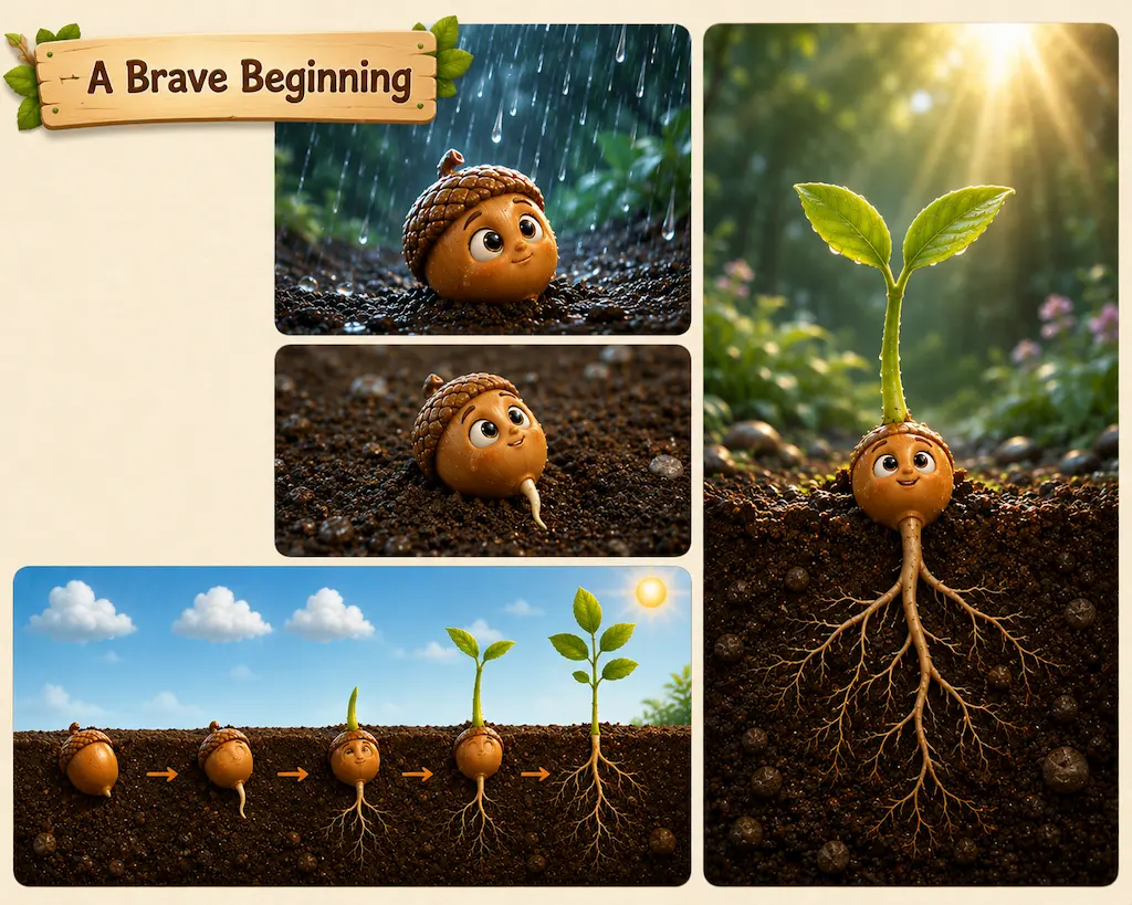 A Brave Beginning Little acorn Arlo sprouting after gentle rain in warm forest soil