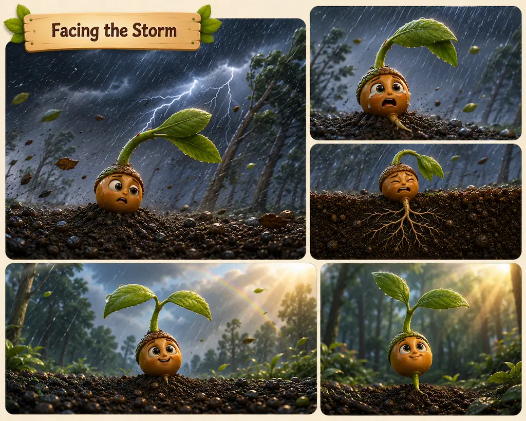Facing the Storm Young acorn sprout bending during a powerful storm but standing strong afterward