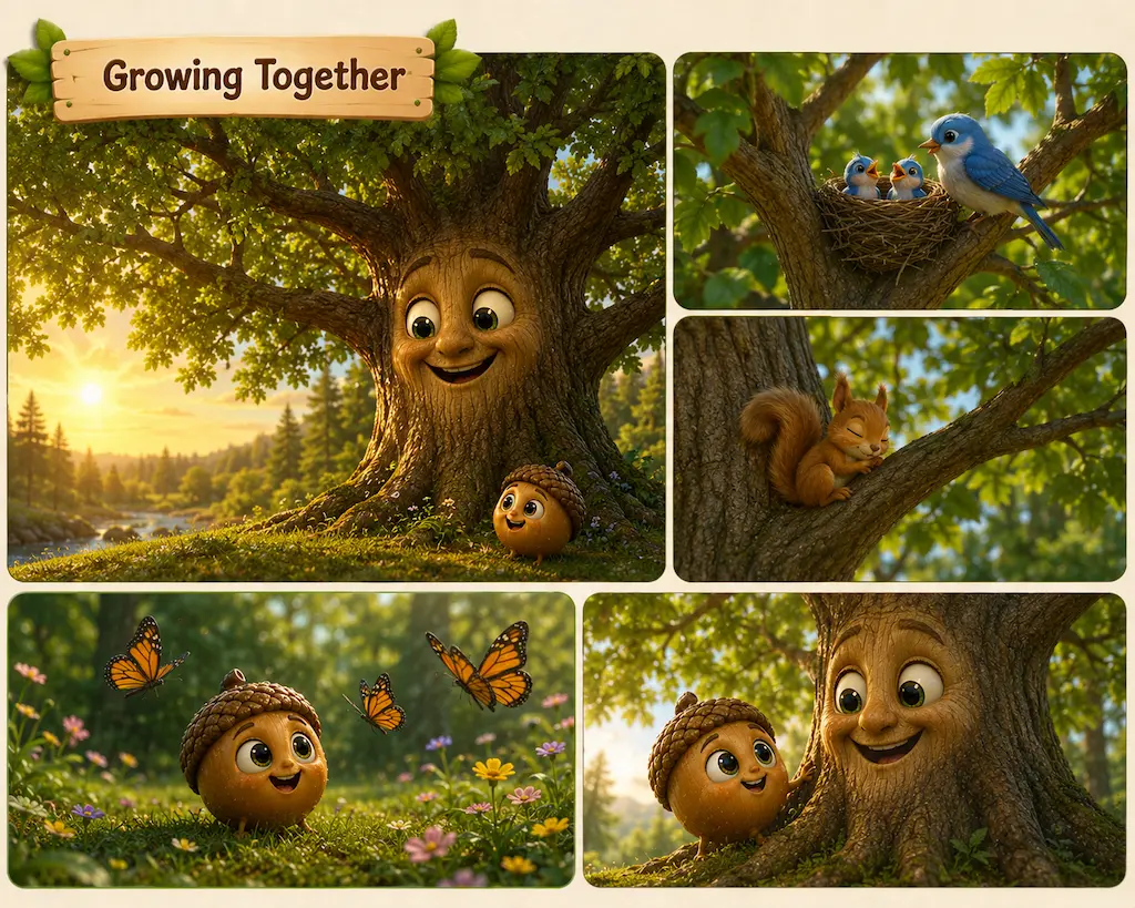 Growing Together Young oak tree Arlo providing shelter for birds, squirrels, and butterflies