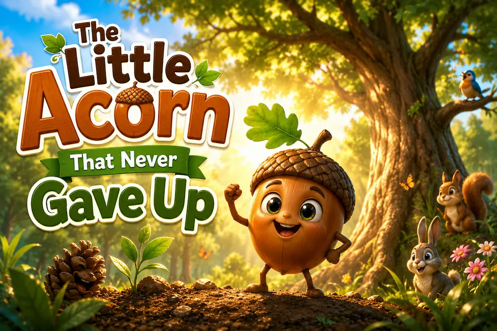 Cute little acorn Arlo dreaming of becoming a mighty oak tree in a magical forest