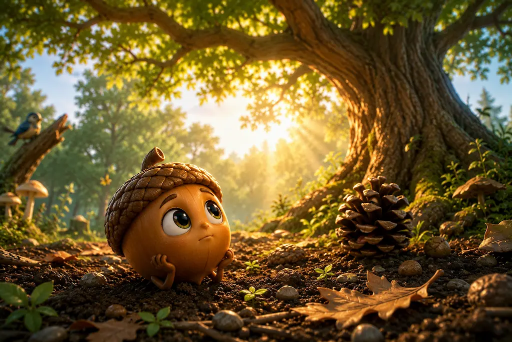 The Tiny Dream Little acorn Arlo looking up at a giant oak tree in a peaceful forest