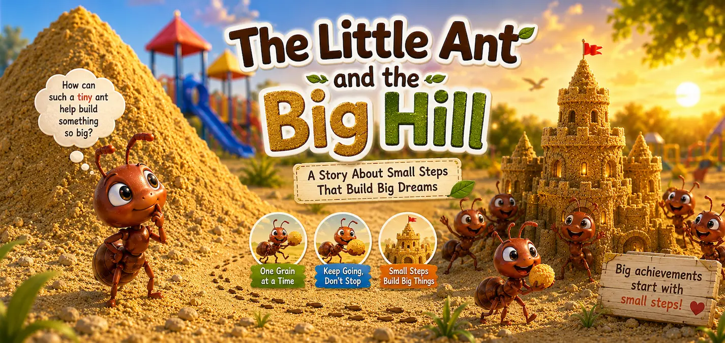 A tiny ant named Pip carrying grains of sand toward a giant sandcastle near a playground, teaching children that small steps can lead to great achievements.