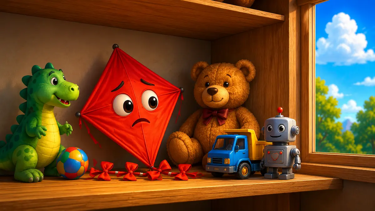 the-little-kite-toy-shelf A worried red kite sits on a toy shelf beside a dinosaur, teddy bear, robot, and toy truck while looking out a sunny window.