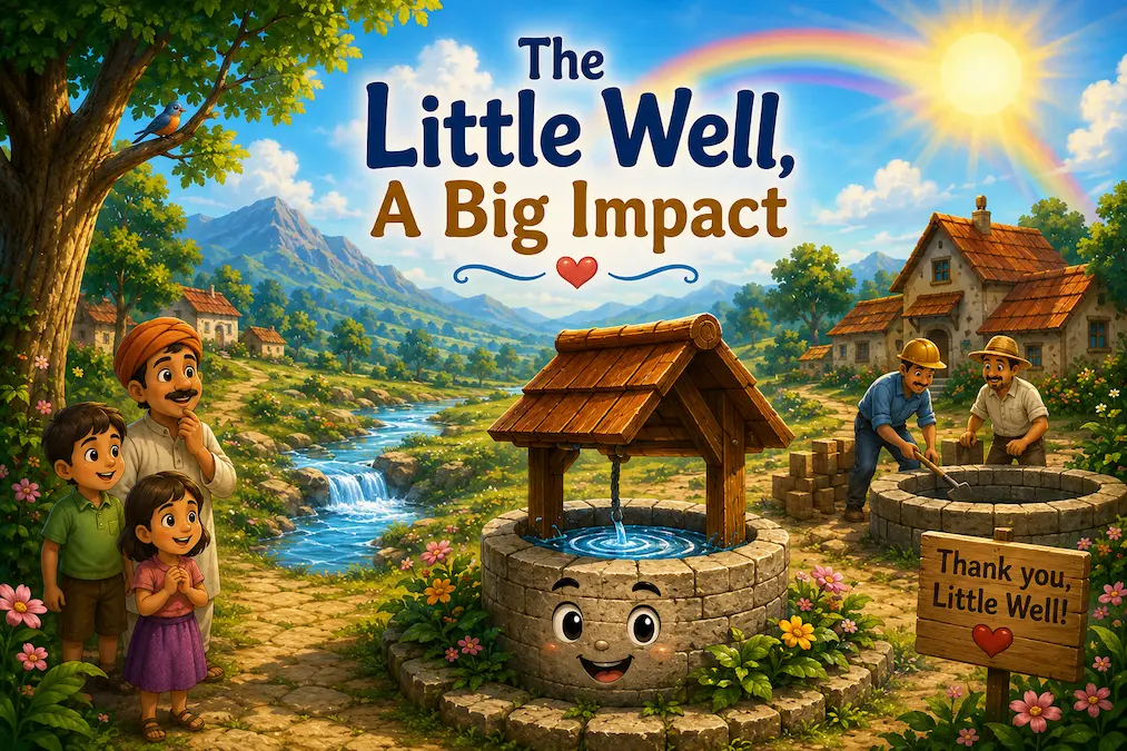 Smiling little stone well in a colorful village with a rainbow, river, happy children, and villagers, illustrating the children's moral story The Little Well, A Big Impact.