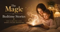 Mother and daughter reading a bedtime story together in a cozy bedroom, with magical glowing illustrations emerging from an open book to symbolize imagination and creativity.