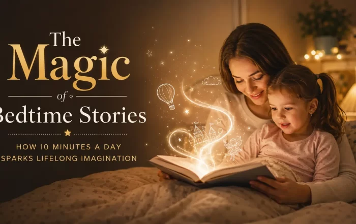 Mother and daughter reading a bedtime story together in a cozy bedroom, with magical glowing illustrations emerging from an open book to symbolize imagination and creativity.