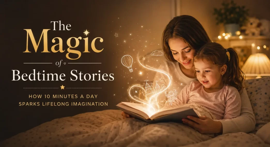 Mother and daughter reading a bedtime story together in a cozy bedroom, with magical glowing illustrations emerging from an open book to symbolize imagination and creativity.