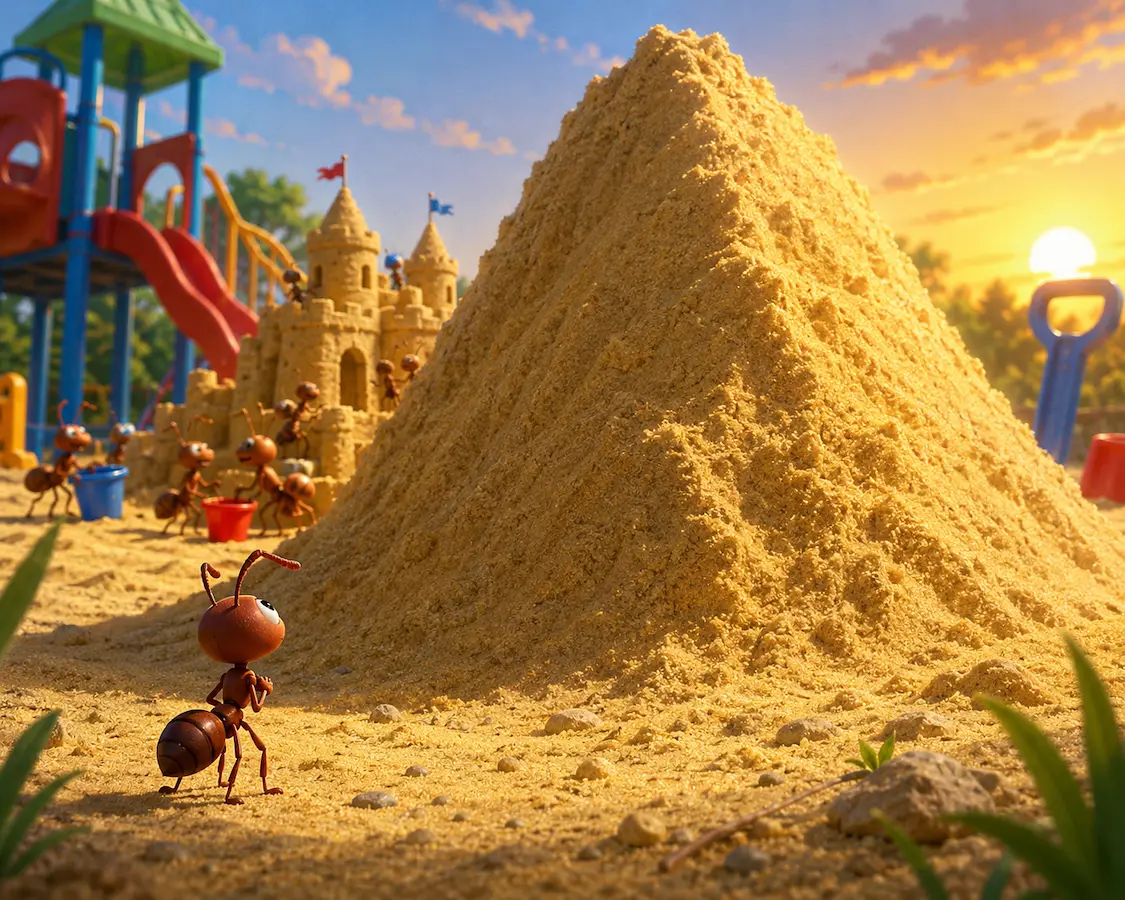 Tiny ant Pip looking up at a giant hill of sand near a playground as ants build a sandcastle in the background.