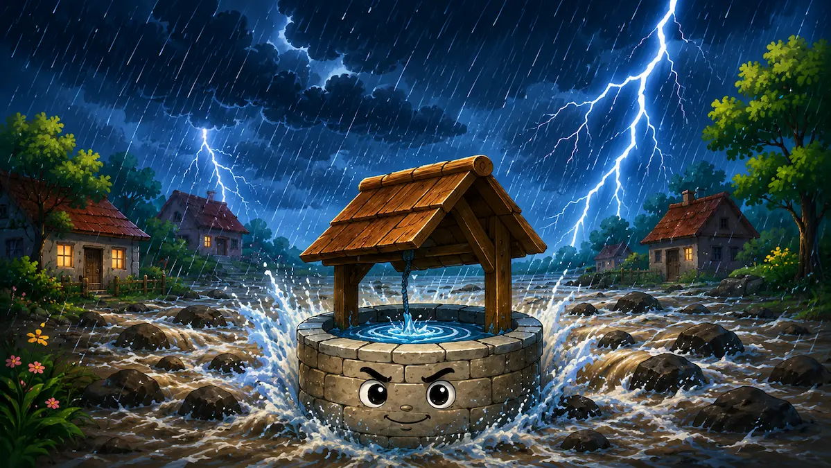 A brave little stone well stands strong during a powerful rainstorm, collecting rushing floodwater as lightning flashes across the dark sky.