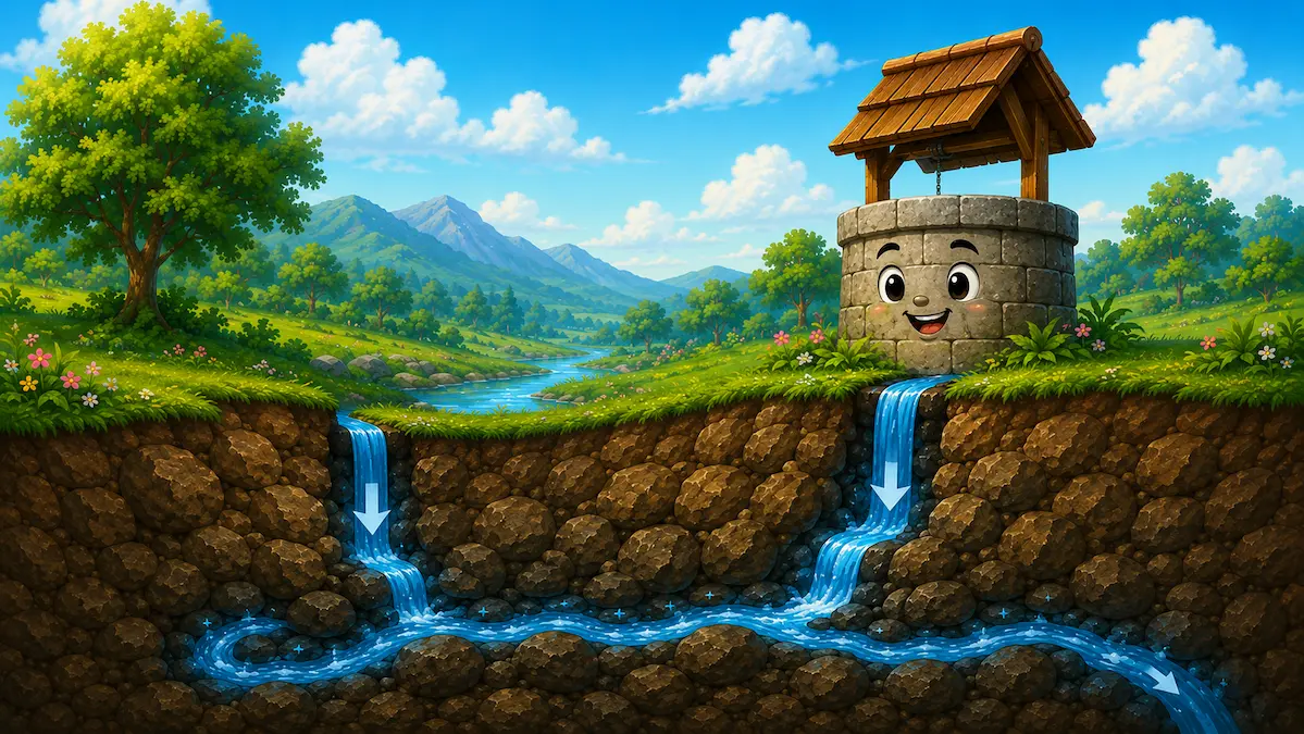 A smiling little stone well filters rainwater underground through hidden rocky channels, creating a flowing stream that travels beneath the earth toward a river.