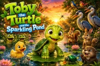 Toby the Turtle smiling in a sparkling clean forest pond with animal friends after cleaning the environment