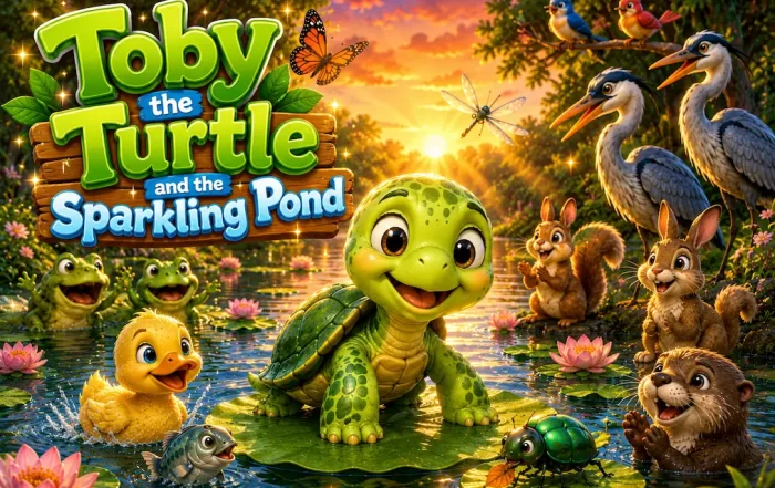 Toby the Turtle smiling in a sparkling clean forest pond with animal friends after cleaning the environment