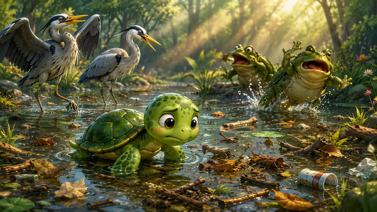 Toby the Turtle looking at a messy forest pond filled with leaves, twigs, and litter after a storm