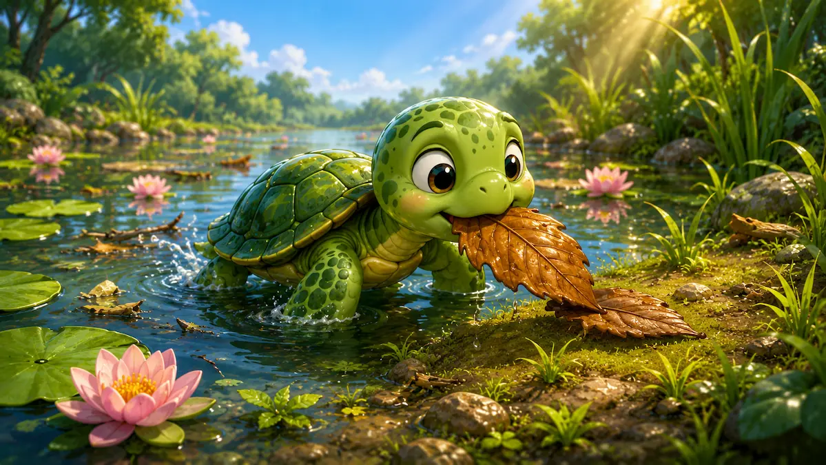 Toby the Turtle carrying a large brown leaf from the pond to the grassy shore